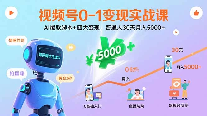 视频号0-1变现实战课：AI爆款脚本+四大变现，普通人30天月入5000+_知客圈