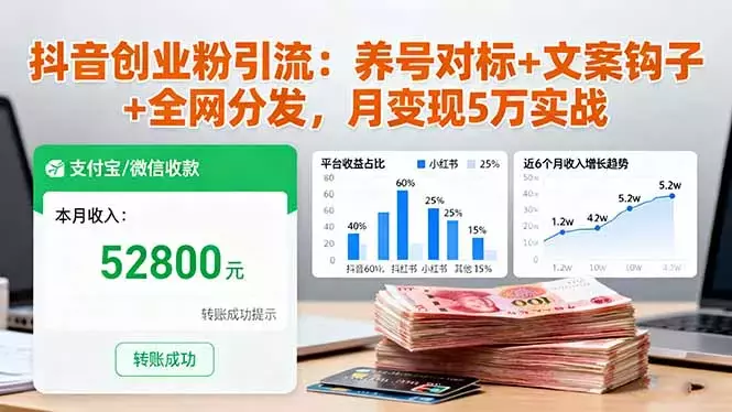 抖音创业粉引流：养号对标+文案钩子+全网分发，月变现5万实战_知客圈