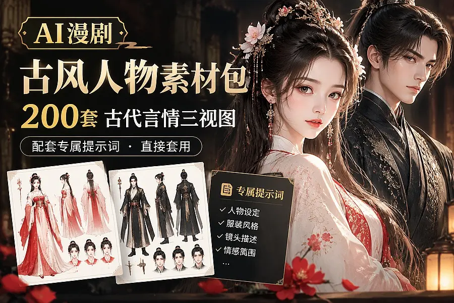 AI漫剧古风人物素材包+提示词|200 套古代言情三视图,配套专属提示词短剧主角配角直接套用|知客圈