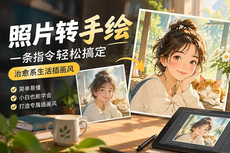 照片转手绘插画提示词怎么写？一个指令生成治愈系生活画风｜知客圈