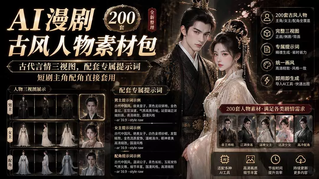 AI漫剧古风人物素材包+提示词|200 套古代言情三视图,配套专属提示词短剧主角配角直接套用|知客圈